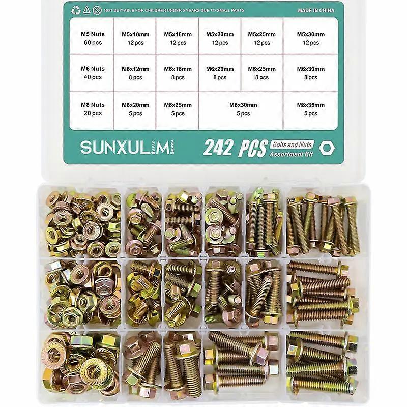 242pcs Grade 8.8 M5 M6 M8 Flanged Bolts and Nuts Kit, Metric Flanged Hex Screws Nuts Includes 14 Most Common Sizes