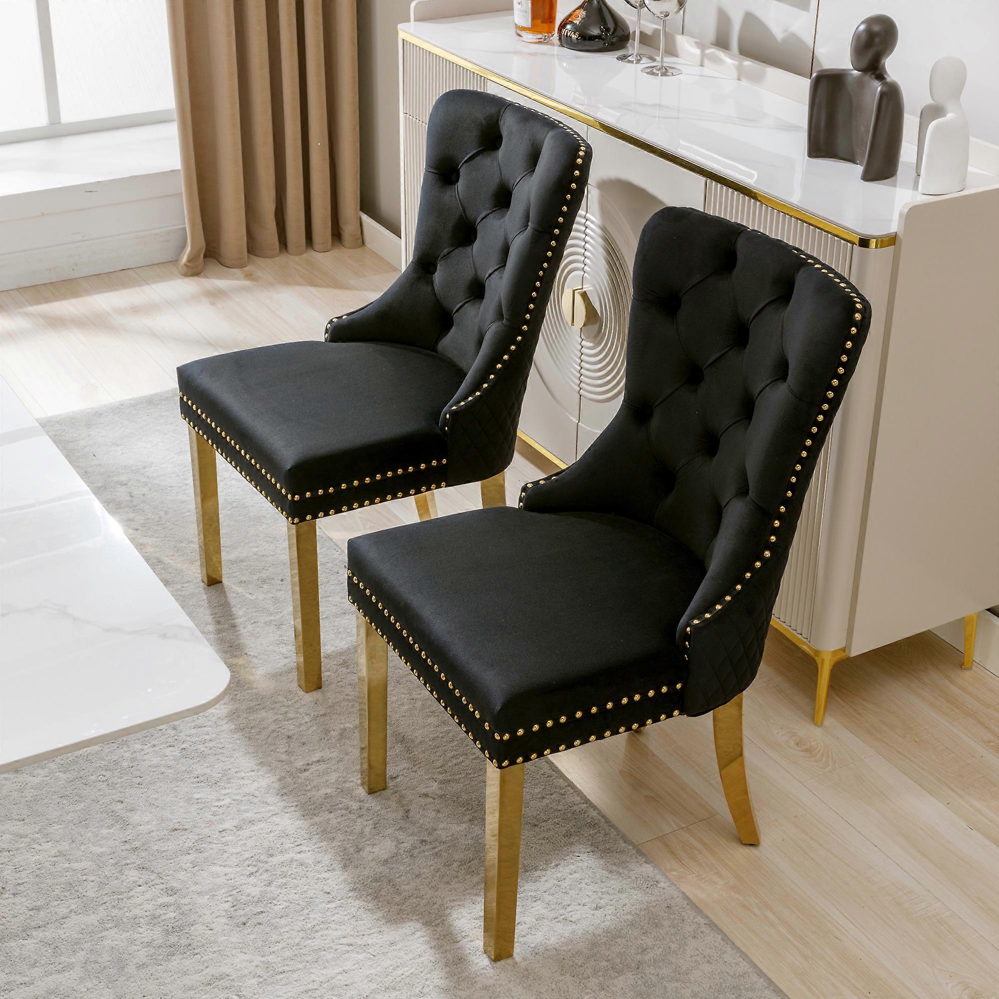 Schwarzer Esszimmerstuhl aus Samt, goldfarbene Nagelkopfverzierung, runde Rückenlehnenringe, 2er-Set