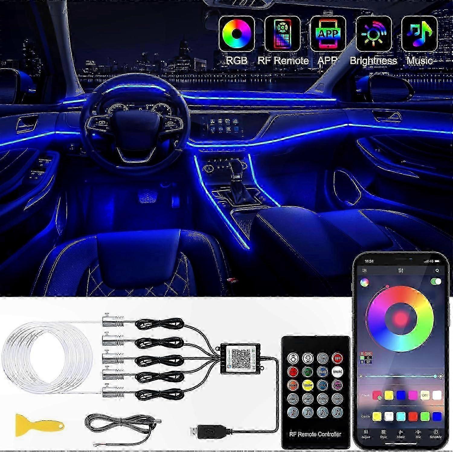 5-in-1 RGB LED Car Ambient Lighting Kit, 236-inch Fiber Optic Strip, 16 Million Colors, Wireless App & Remote Control for Interior Customization