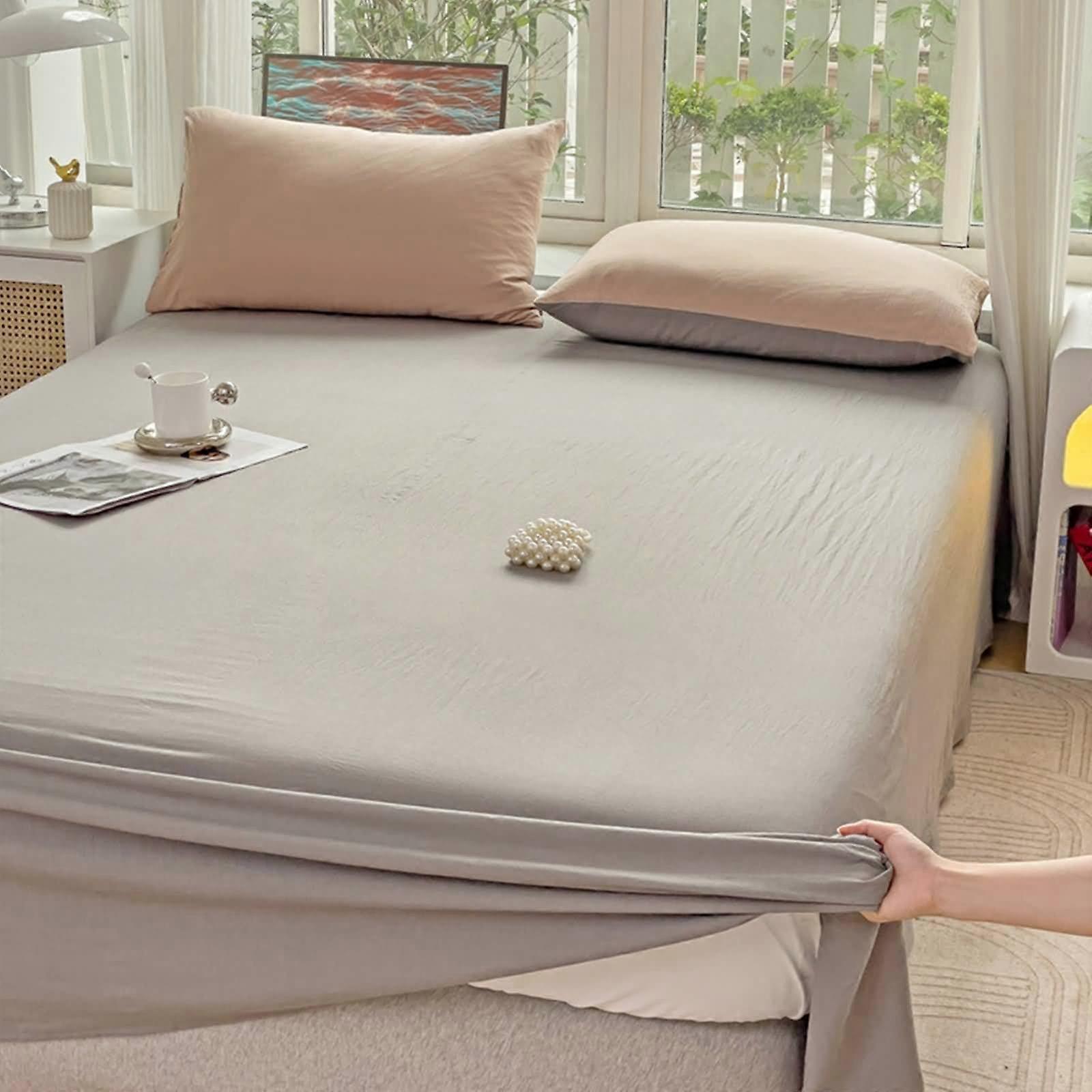 Flat Bed Sheets Double 230 x 245 cm, Light Grey Washed Cotton, Solid Color, Easy Care Bedding