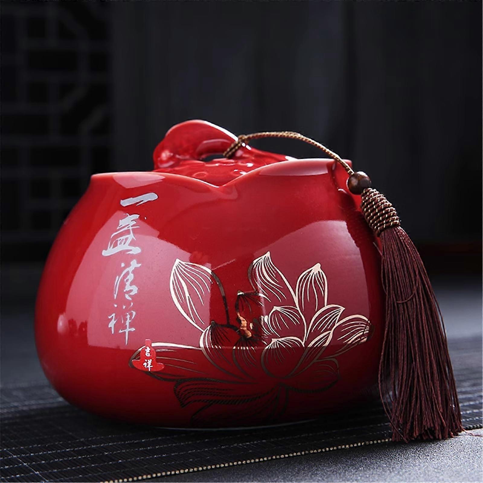 Blue Red Ceramic Tea Storage Jar with Airtight Seal, Large Capacity Canister for Home Use (Style 2)
