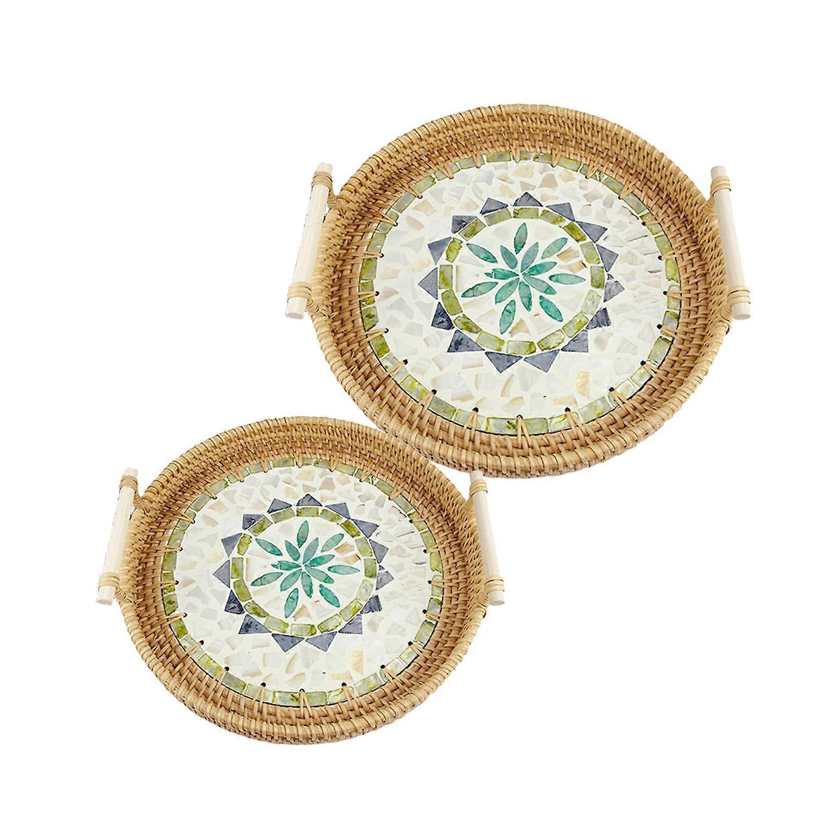 Wicker Serving Tray Set, 2 Pack Round Handwoven Rattan Basket with Handles for Home Decor and Storage