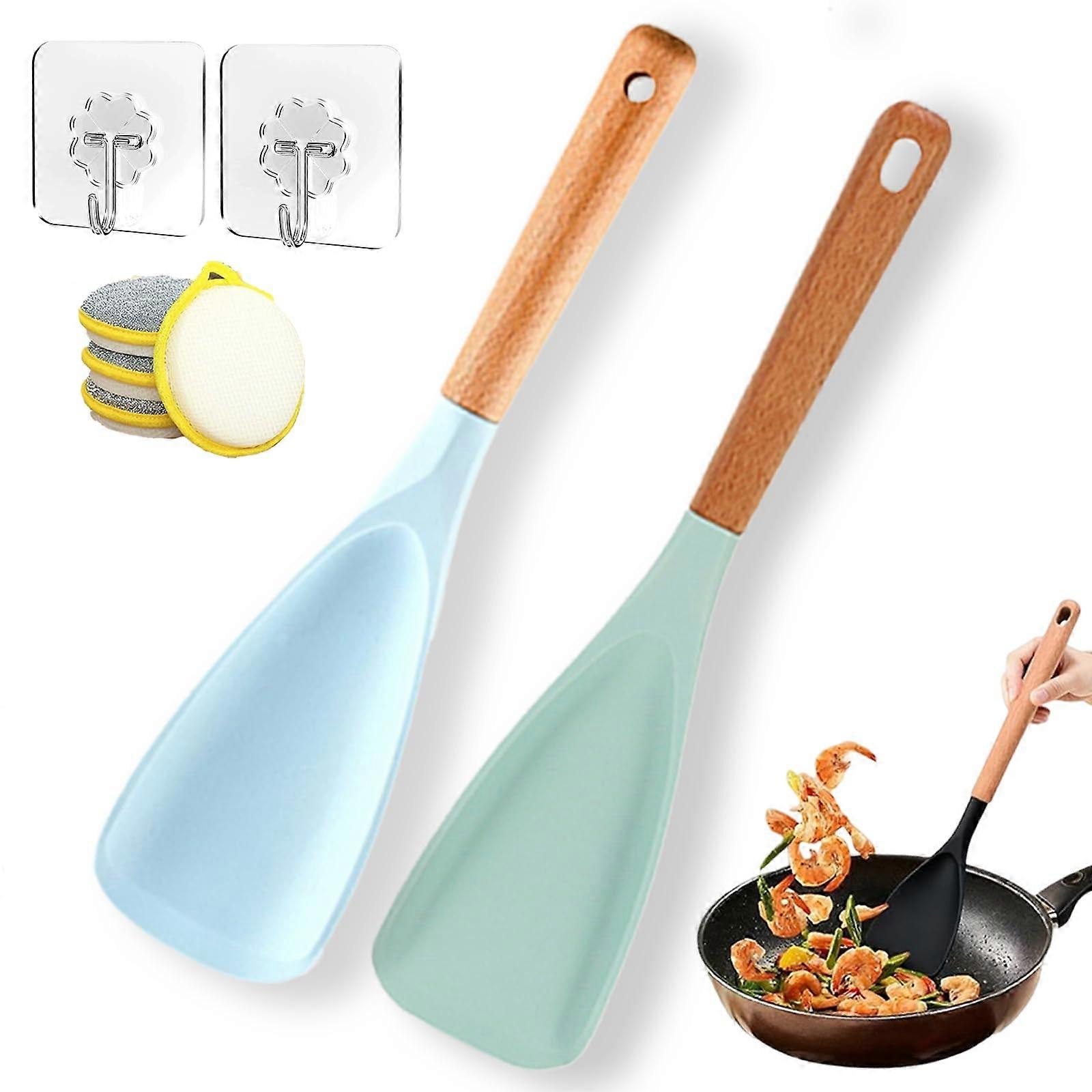 Silicone Cooking Spoon Heat Resistant 446°F with Ergonomic Wooden Handle for Stirring and Scooping (2*A10)