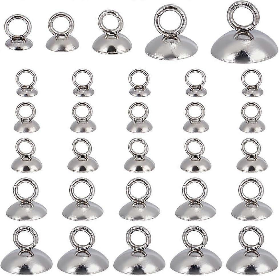 100 Pcs 5 Sizes Bead Cap Pendants 201 Stainless Steel Round Bails Clasp Bead Caps with Loop Dangle Bead Pendant Connector for Jewelry Making Crafting 
