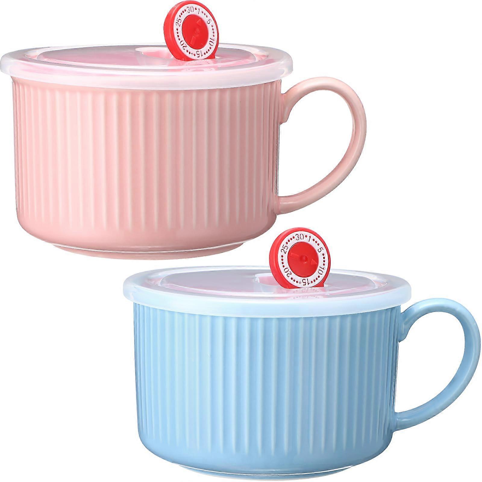 Microwave Soup Bowl Set 30oz Ceramic Soup Mugs with LeakProof Lid and Handle for Noodles and Cereal