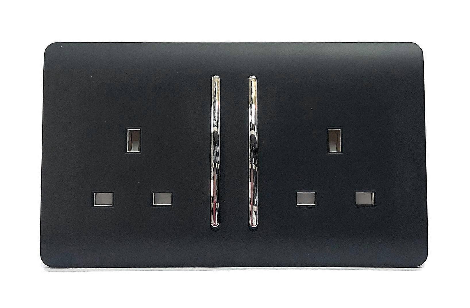 Matt Black Double Plug Socket UK Standard Screwless Modern Design 13 Amp Chrome Switch