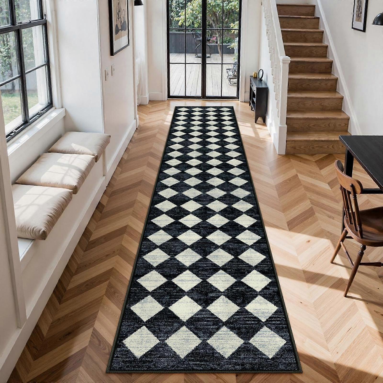 Black and White Checkerboard Runner Rug 2x12 Non Slip, Machine Washable Hallway Carpet Low Pile