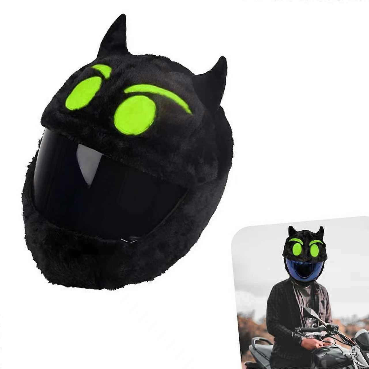 Funny Devil Motorcycle Helmet Cover Plush with Horns Universal Fit Scratch Protection Green
