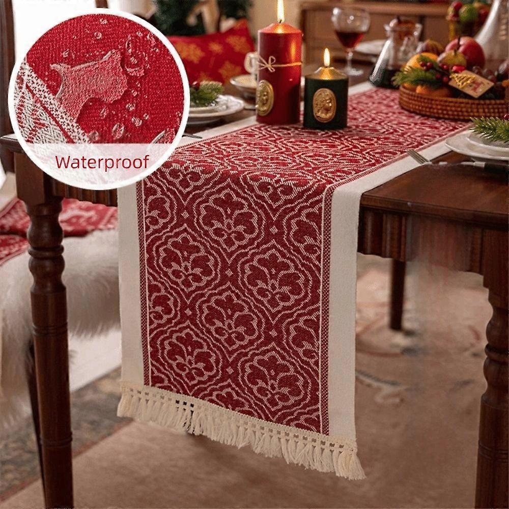 Polyester Christmas Table Runner Cartoon Pattern Santa Claus Pattern Table Flag Multi-Color Tassel Snowflake Pattern
