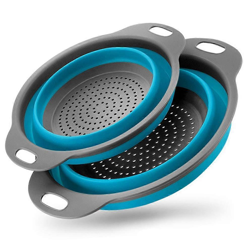 Collapsible Colander Set with Handles, Foldable Kitchen Strainer 2 Pack for Space Saving, Blue