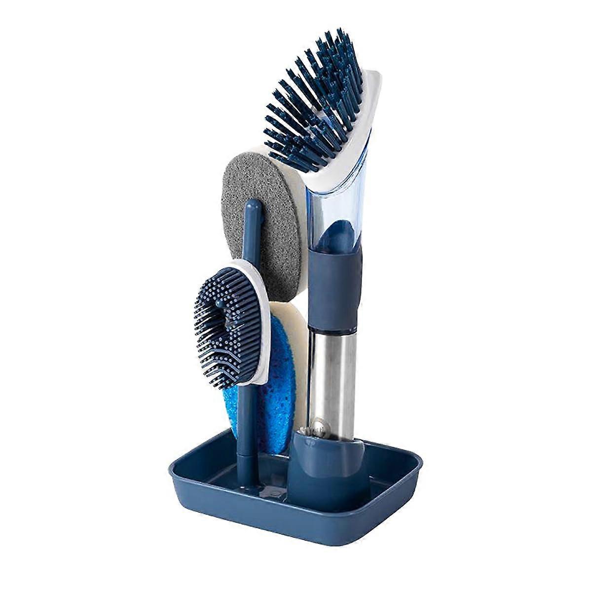 Dish Scrubber Brush Set with Soap Dispensing Handle and 4 Interchangeable Heads for Kitchen Cleaning