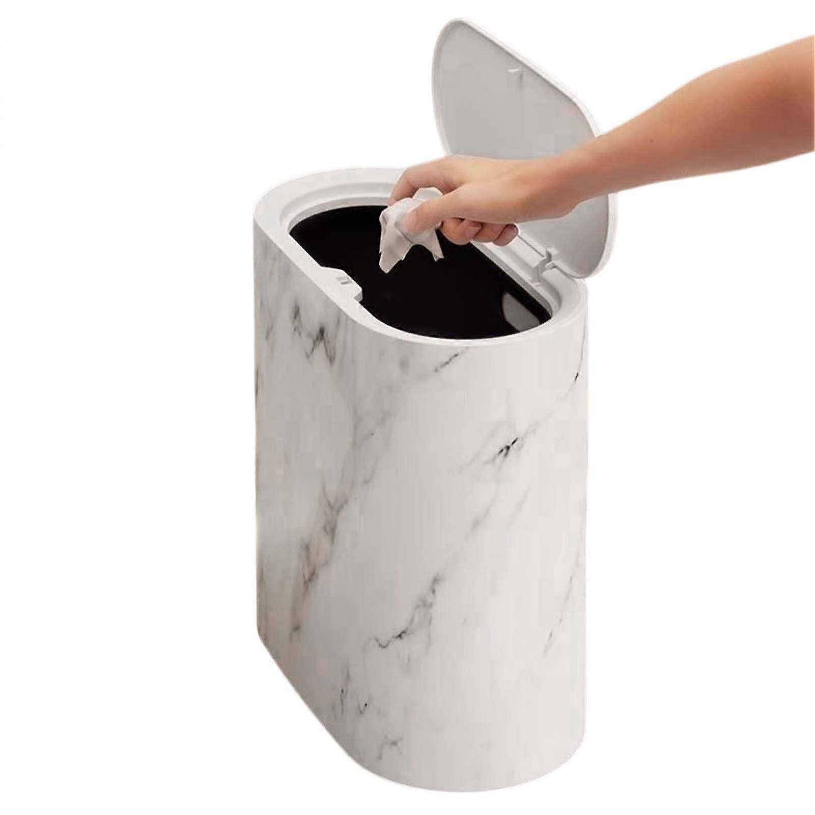 Small Bathroom Trash Can with Lid, Slim White Marble Design, Compact Covered Bin for Small Spaces