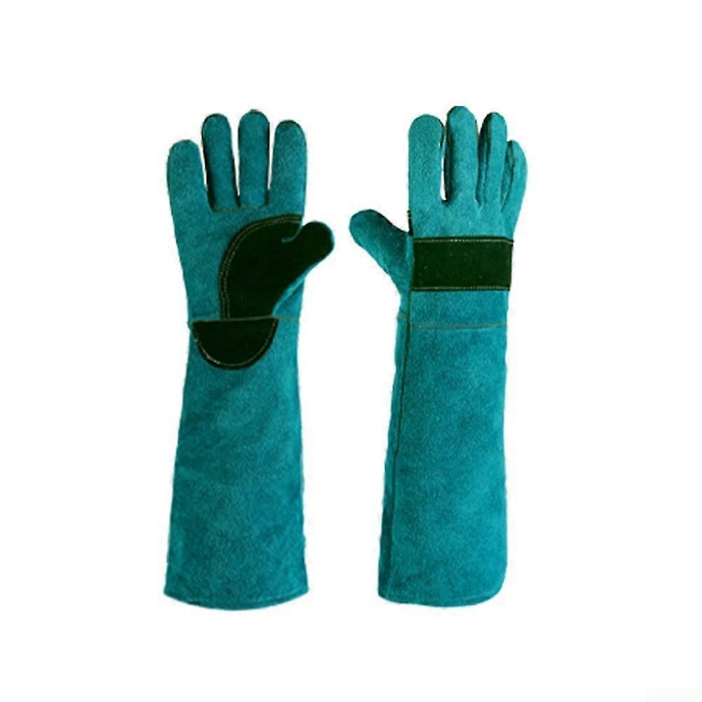 Leather Pet Grooming Gloves 45cm Green Double Layer Protection Bite and Scratch Resistant