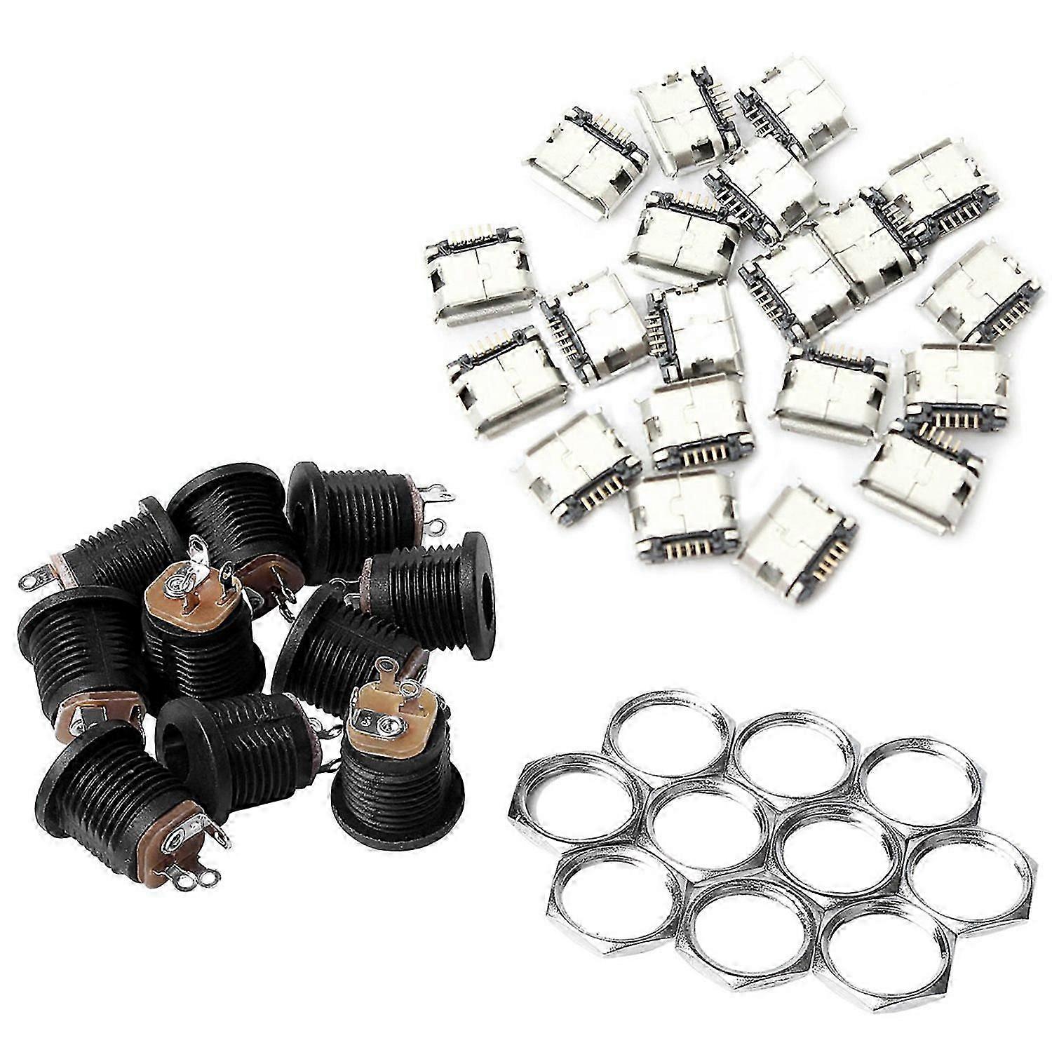 10 Pcs Panel Mount 2.1X5.5Mm Dc Socket & 60Pcs Micro-Usb Type B Female 5 Pin Smt Placement Smd Dip Socket Connector