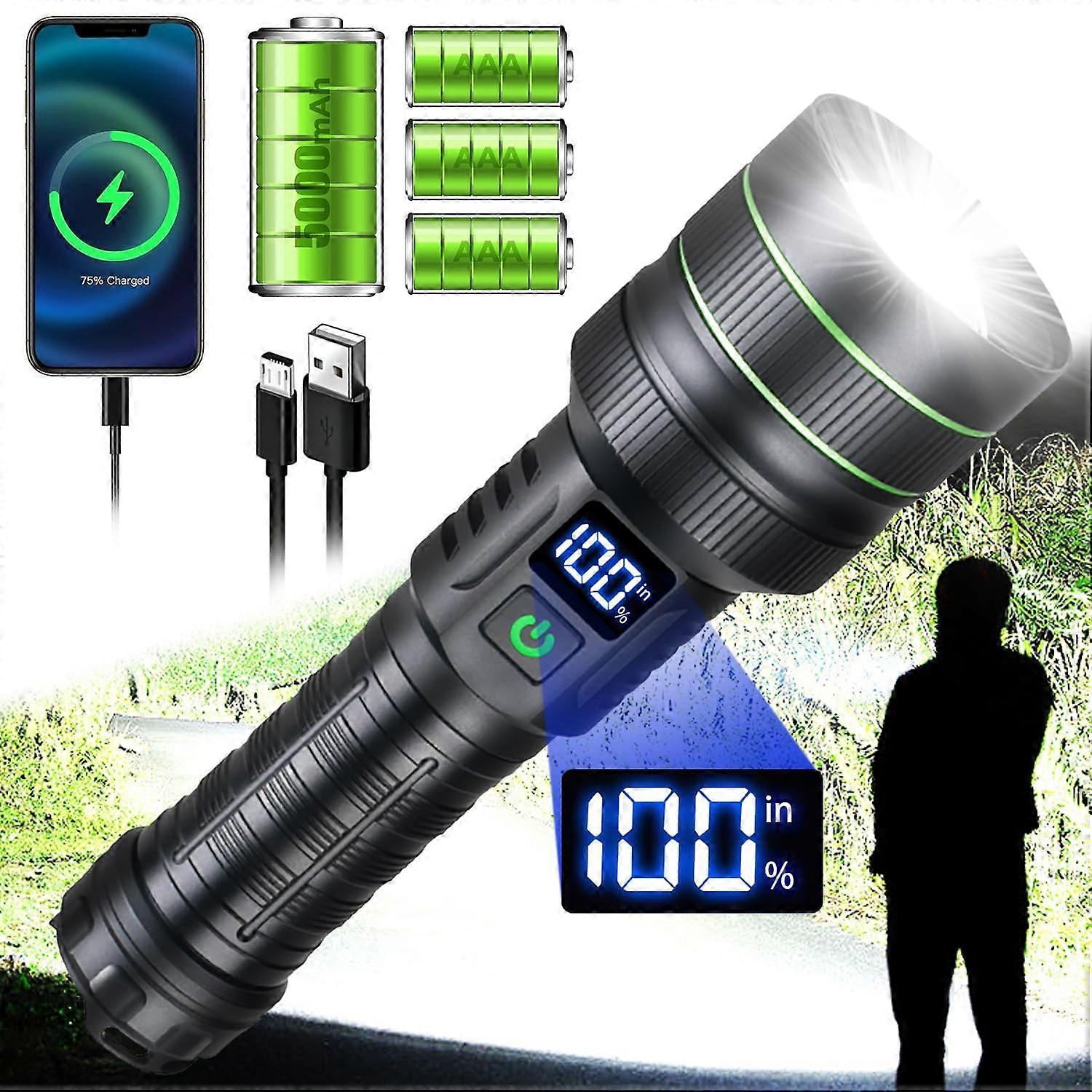 Tactical Flashlight 2000 Lumen Rechargeable LED 60W  Power LongRange Beam for Camping