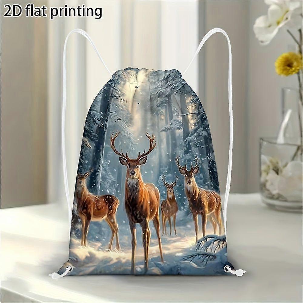 1 Stück /s Rucksack mit Hirsch- und Rehmotiv aus dem gefrorenen Wald - Verstellbarer Kordelzug, leichter, faltbarer Schulrucksack mit Winterwaldmotiv - Gqazw
