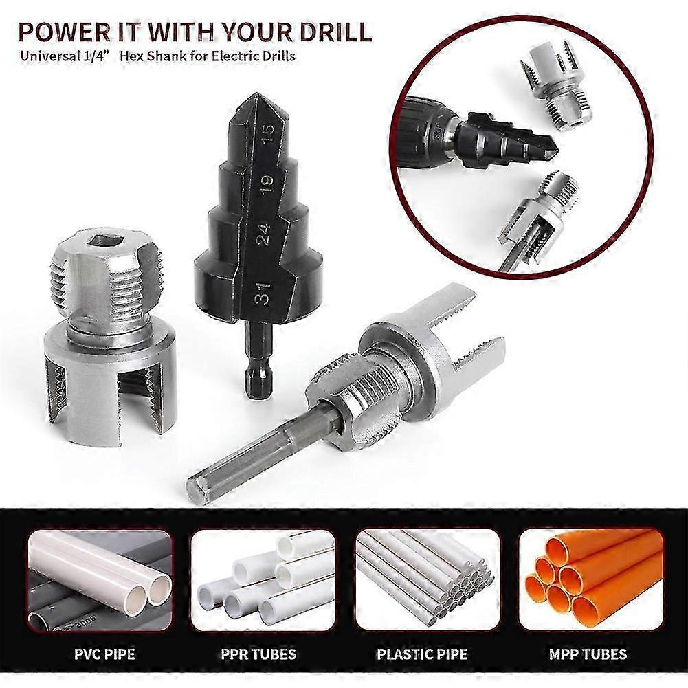 3Pcs PVC Pipe Threading Tool Kit, Includes 1/2" & 3/4" Internal/External Thread Cutters, Reamer and Step Drill Bit