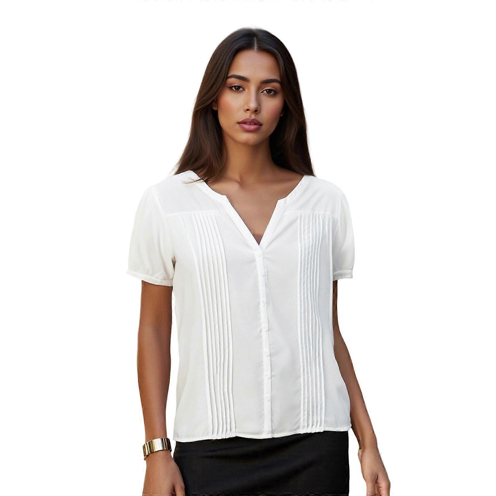Women's Button Down Blouse Stylish Solid White V Neck Short Sleeve Tops for Summer