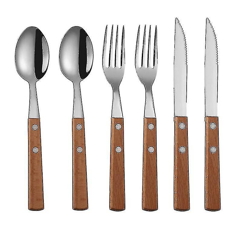 6 pz/set Set di posate in acciaio inossidabile con supporto per manico in legno - Set di coltelli per cucchiaio forchetta, stoviglie da cucina