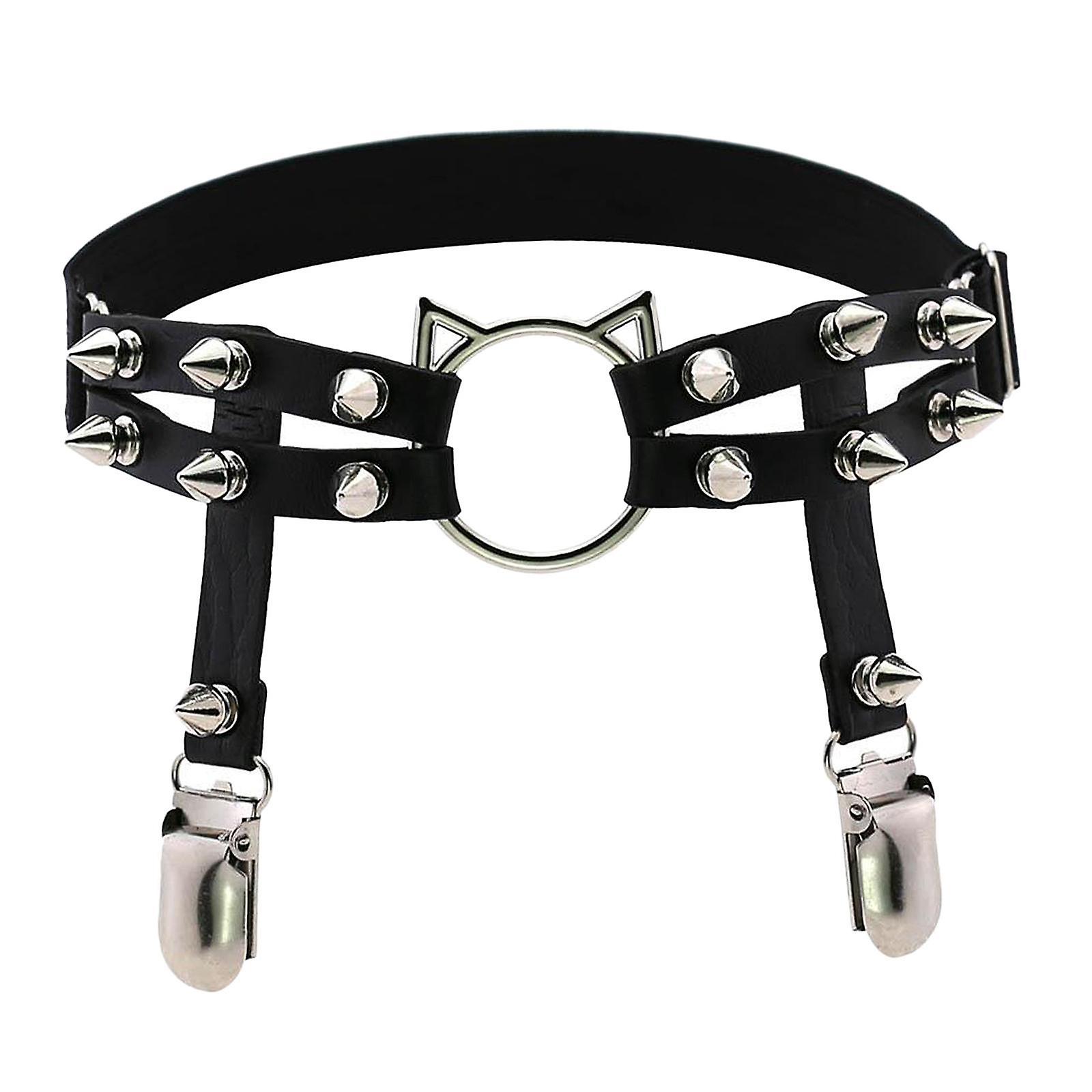 נשים עור טבעת רגל חגורת בירית אלסטי פאנק ניטים מתלה ירך שחור