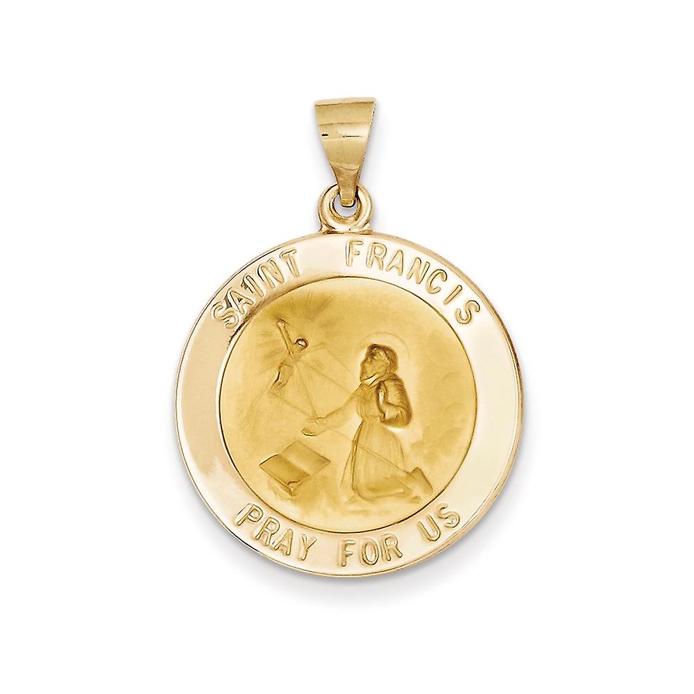 14k Yellow Gold Hollow Polished and Satin St. Francis Medal Pendant Necklace 30.5x22.5mm Wide-Pendant for Women