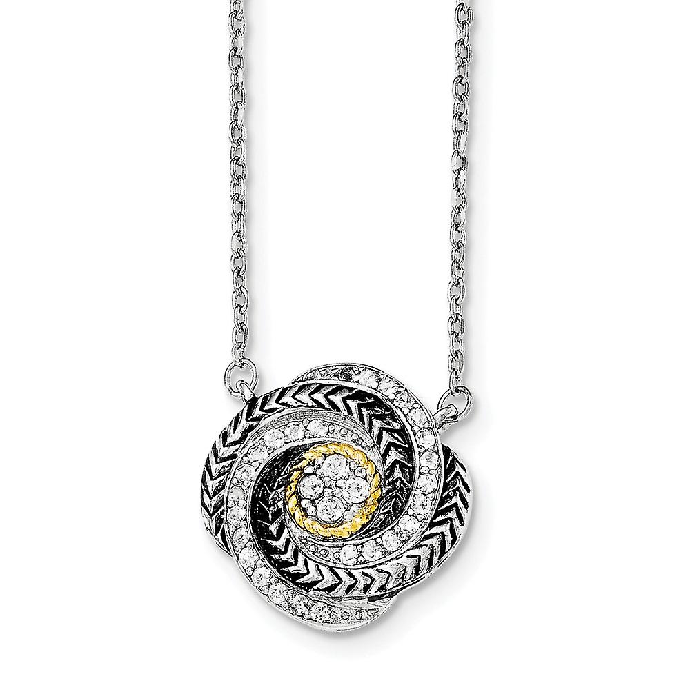 925 Sterling Silver Polished Artisan Oxidized Lobster Claw Closure and 14k Gold Cubic Zirconia Twist With 2inch Ext Neck
