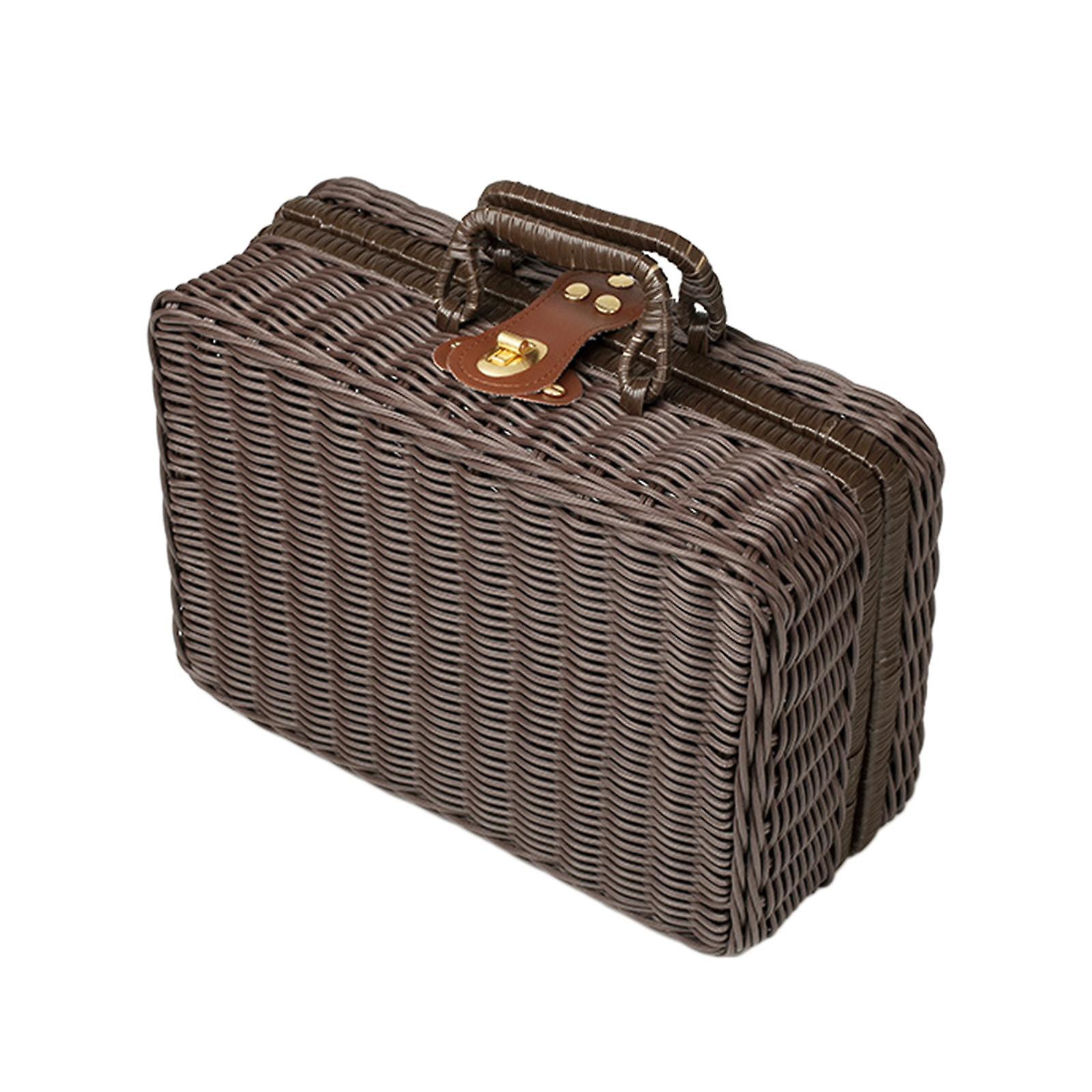 Rattan Suitcase Box,Woven Organize Basket Box with Lid & Lock,with Handles,Wicker Hamper for Nursery, Baby Closet, Diaper,toys