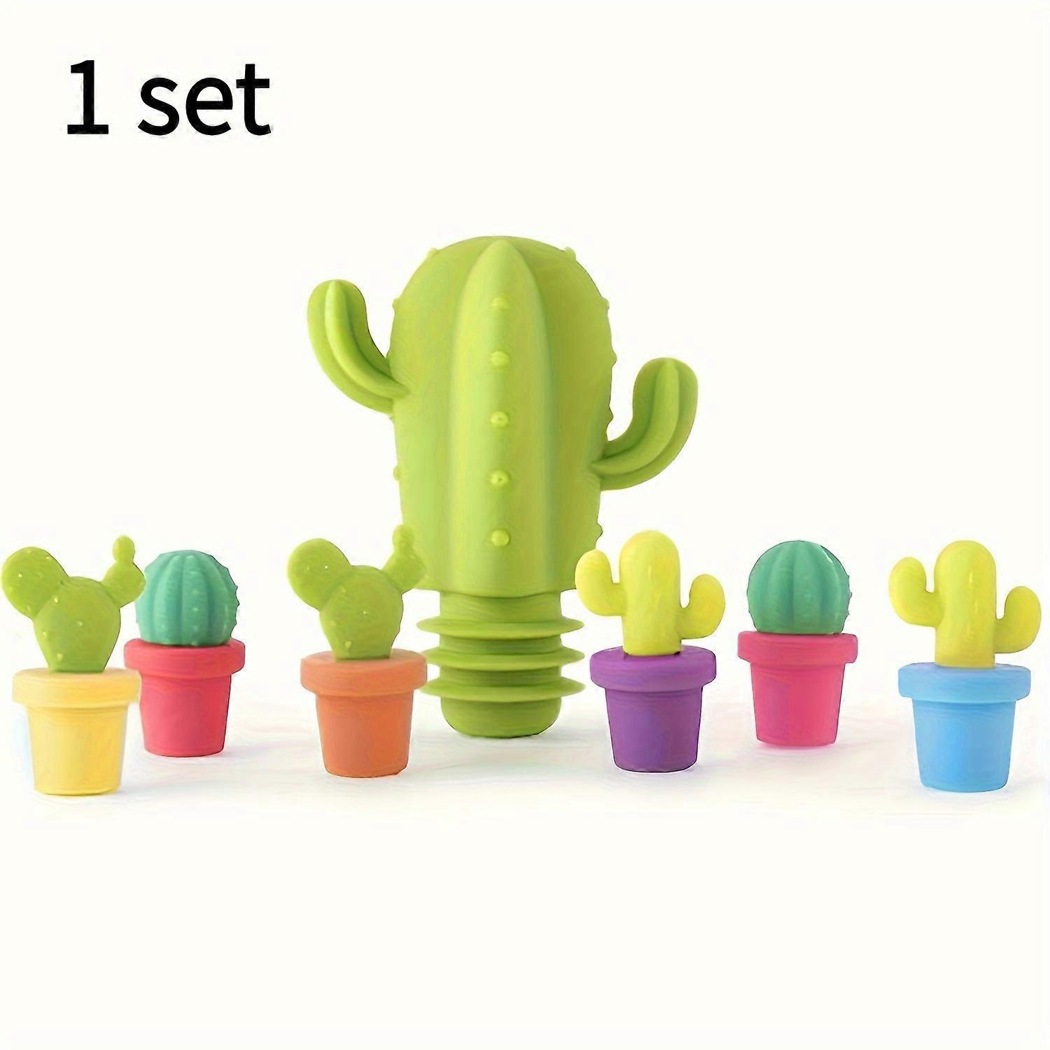 Cactus Silicone Wine Stopper & Drink Charm Set: 1 Bottle Stopper & 6 Drink Charms - Dishwasher Safe, Fits Standard Wine Bottles & Glasses - Perfect fo