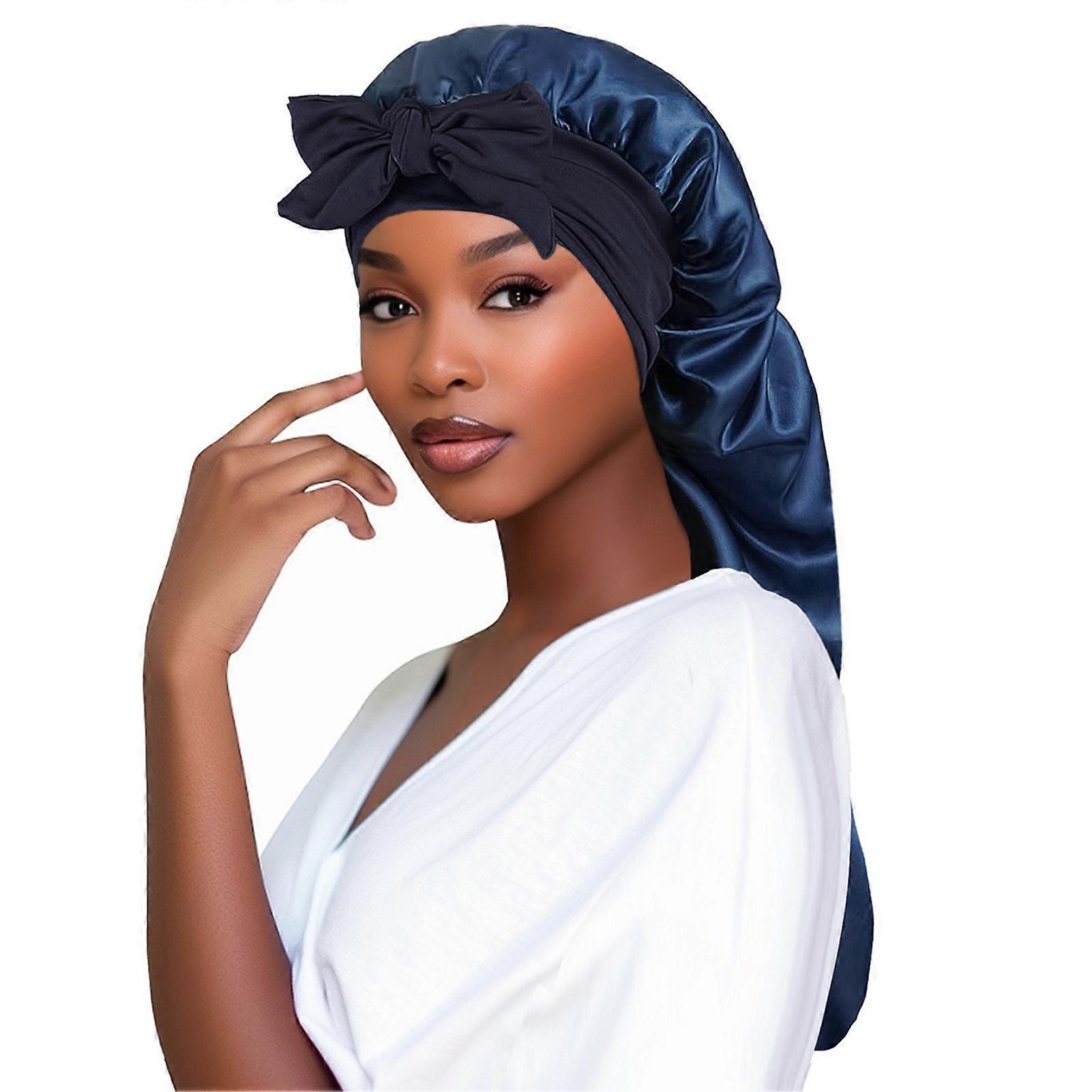 Women's Bowknot Long Tail Braid Bonnets Hair Protection Comfy Nightcap for Sleeping