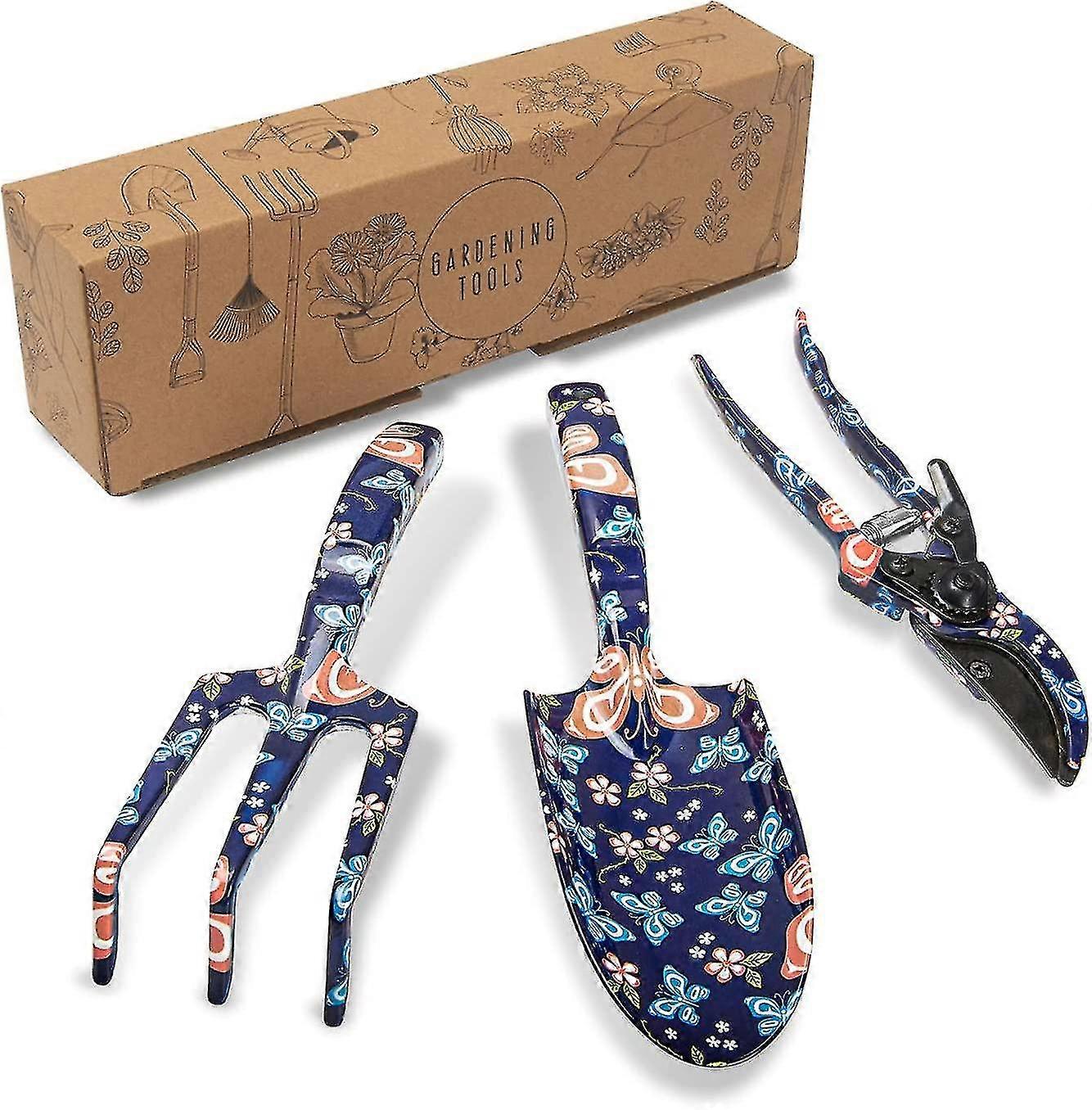 Garden Tool Set, 3 Piece Plant Gardening Hand Tools With Floral Print - Trowel, Cultivator, Pruning Shear