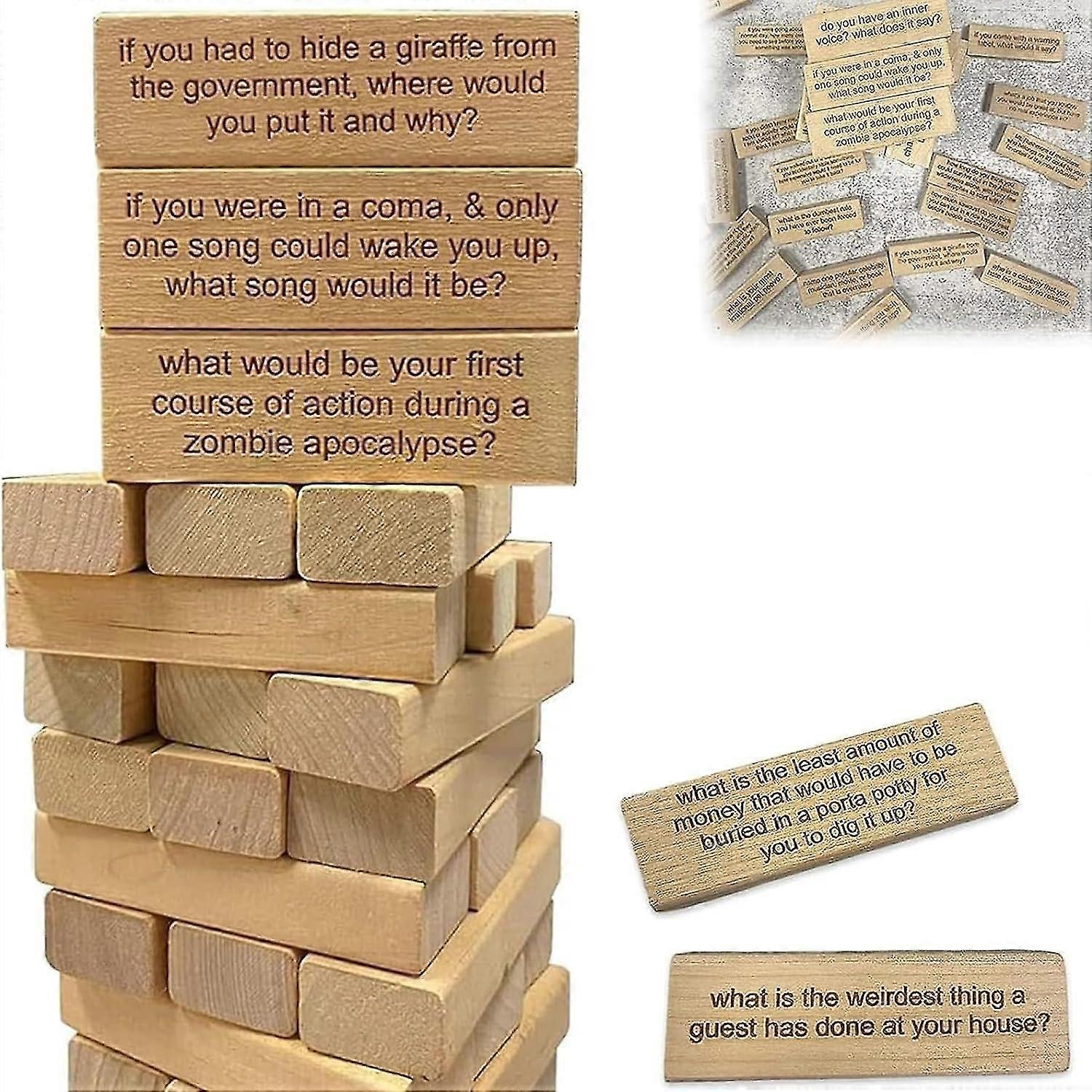 54 Pieces Questions Tumbling Tower Game, Ice Breaker Questions Tumbling Tower Game, Funny Blocks Stacking Tower Game, Wooden Board Stacking Game