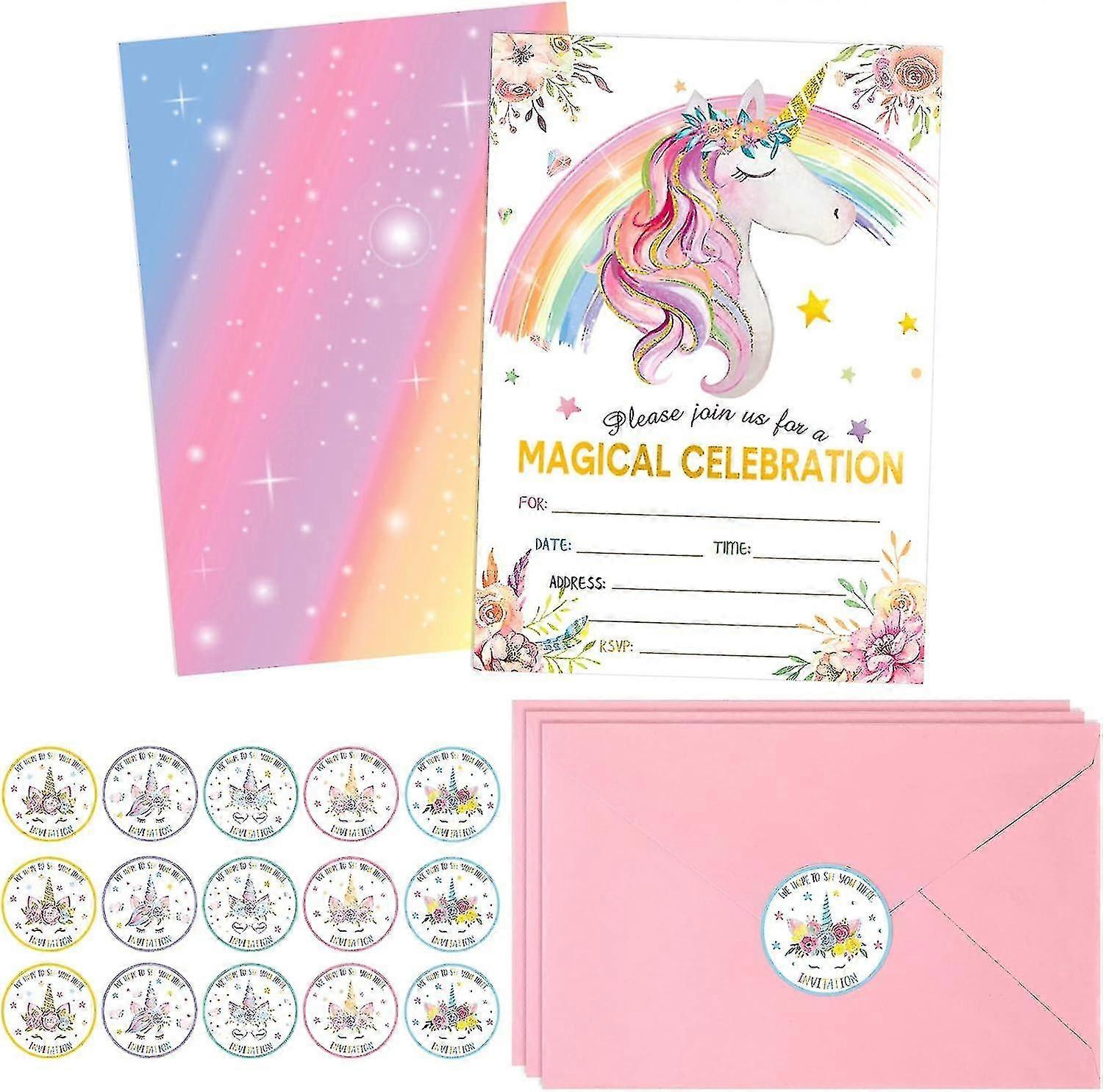 24 Pack Unicorn Birthday Invitation Unicorn Party Invitation Unicorn Invitation Card, 30 Rainbow Unicorn Sticker Labels, 24 Envelope Unicorn Party Sup