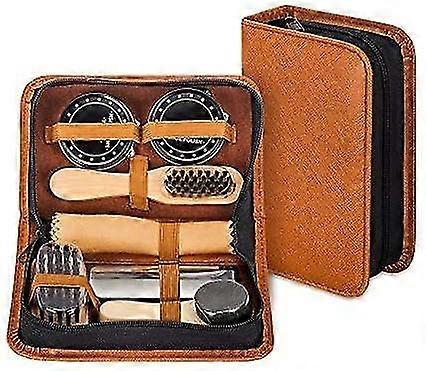 طقم تلميع الأحذية مع حالة جلد PU أنيقة ، طقم تلميع حذاء السفر المكون من 7 قطع