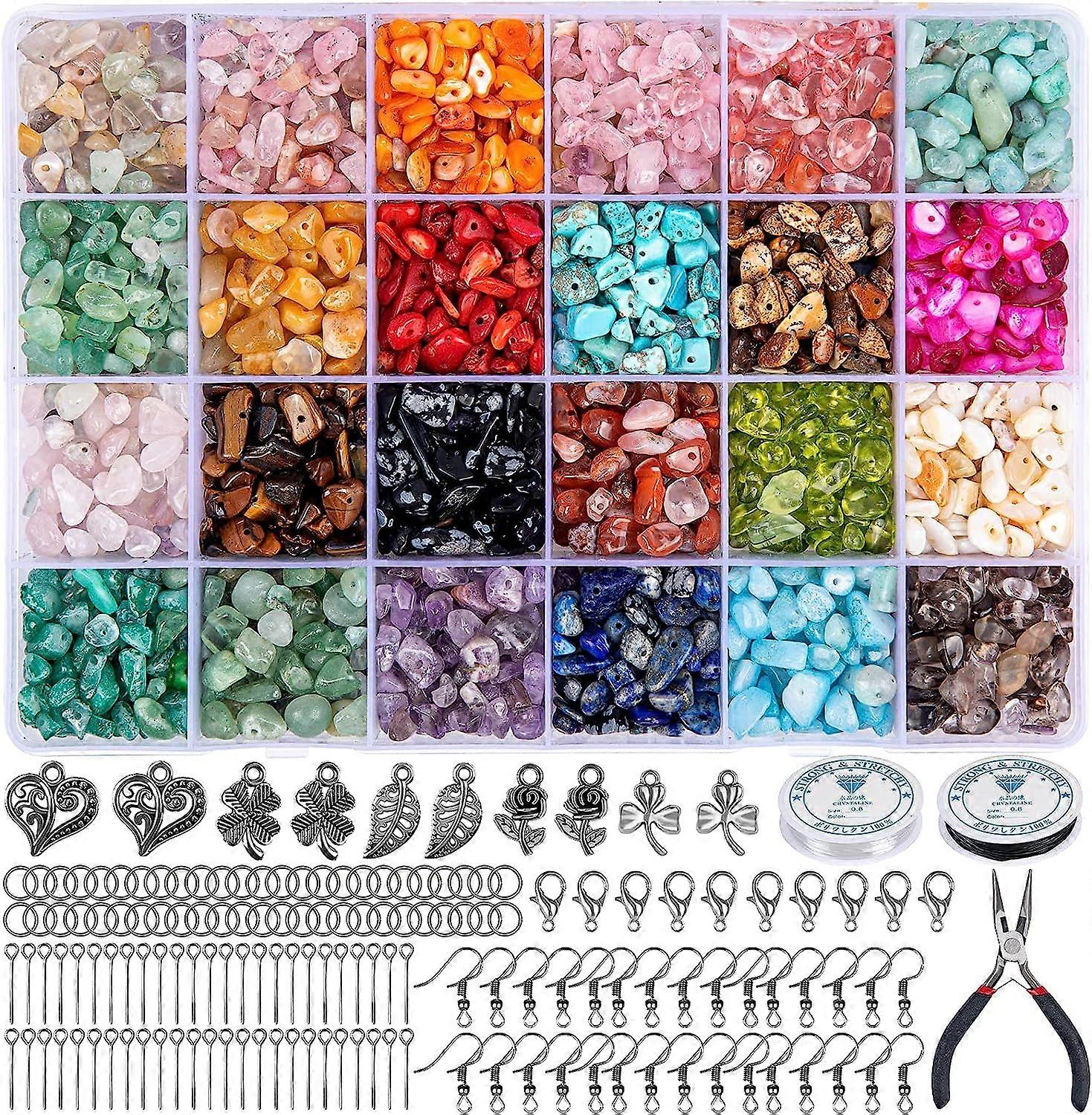 ジュエリーメイキングセット、24色天然宝石ビーズ、5-7 mmストーンビーズ、1073ピースリングDIYキットDIYジュエリーネックレスブレスレットイヤリング