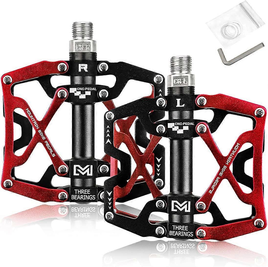 Bike Pedals, MTB Flat Pedals CNC Aluminum Body Platform Diameter 9/16 Inch for MTB Cycling Road Bikeblack red