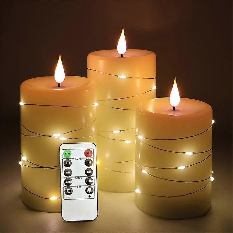 LED Candles 360 Degree Viewing Angle, with Starry String Lights, Set of 3 LED Candles, with 10-Key Remote, 24-Hour Timer Function, Christmas Decoratio