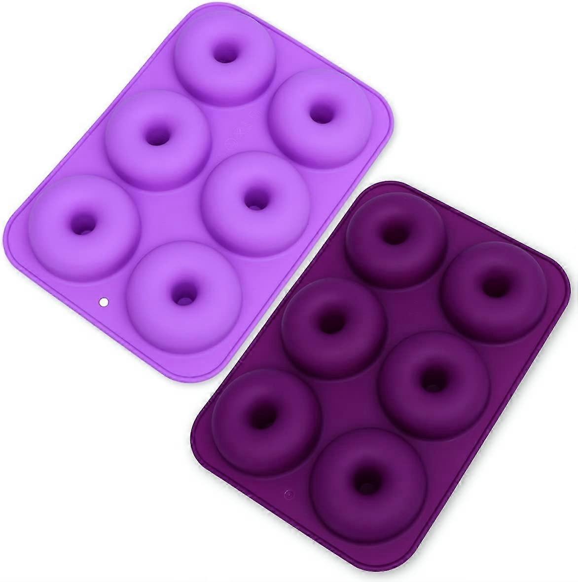 Set of 2 Silicone Non-Stick 6 Slot Donut Molds for Cakes, Cookies, Bagels, Muffins (Dark Purple and Light Purple)