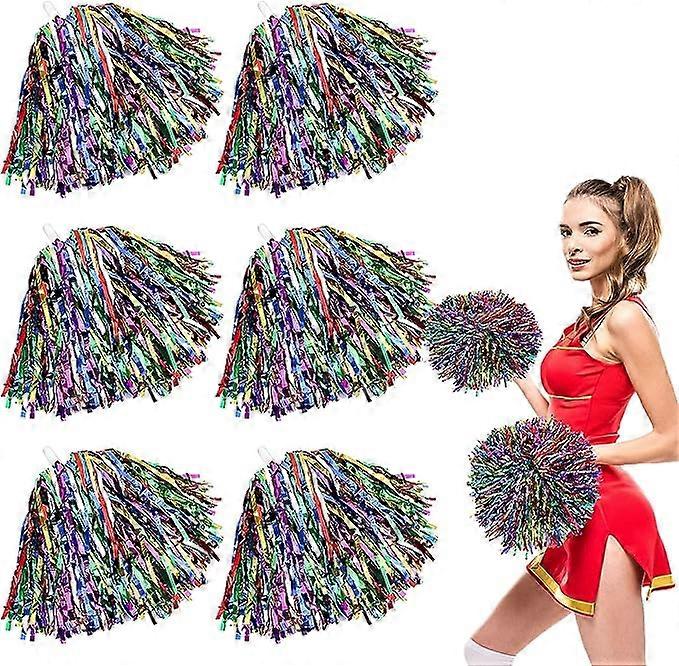 6 PCS チアリーダーポンポン、ハンドル付き、メタリックチアリーディングハンドリボン、スポーツ、ダンス、大人、子供用