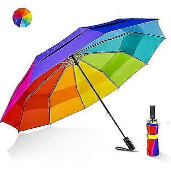 Großer Golfschirm Winddicht - Oversized 54inch Double Layer 10ribs Folding Travel Umbrella Compact Auto Open Close For Rain Frauen / Männer (schwarz / Regenbogen /