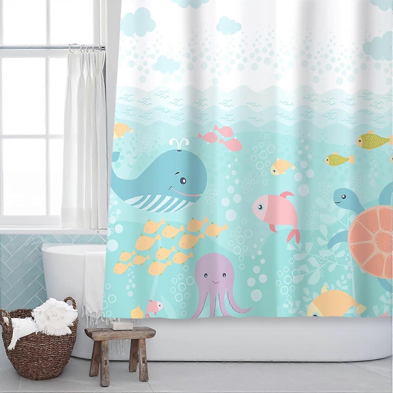 Sunlit Lovely Cartoon Baby Shower Curtain, Sea Creatures Light Blue Fabric Shower Curtain for Kids, Whale Turtle and Fish Ocean Theme Bathroom Decor C