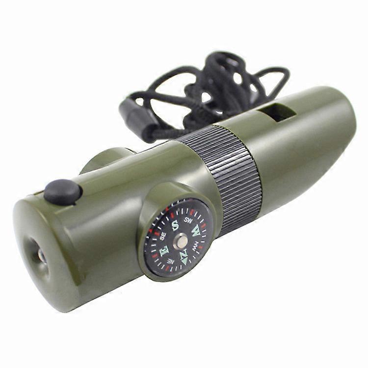 7 in 1 Outdoor Adventure Camping Tool Kit Multifunctional Military Survival Kit Compass Thermometer Magnifier Signal Mirror LED Whistle (1 Piece, Army