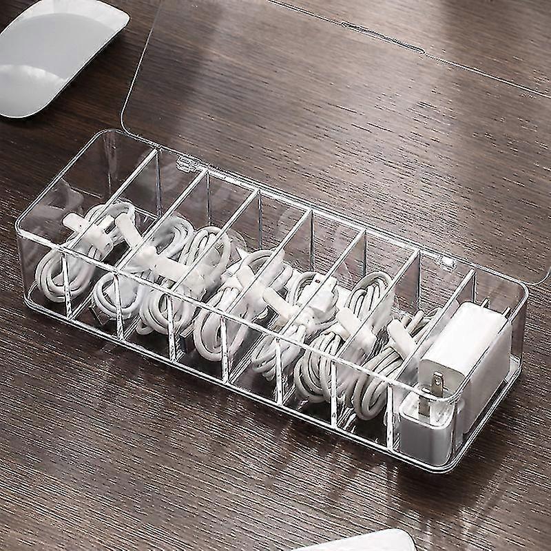 Plastic Cable Management Box With 10 Wire Ties, Clear Power Cord Organizer With 8 Compartments, Electronics Organizer For Office, Home Use, Desk Acces