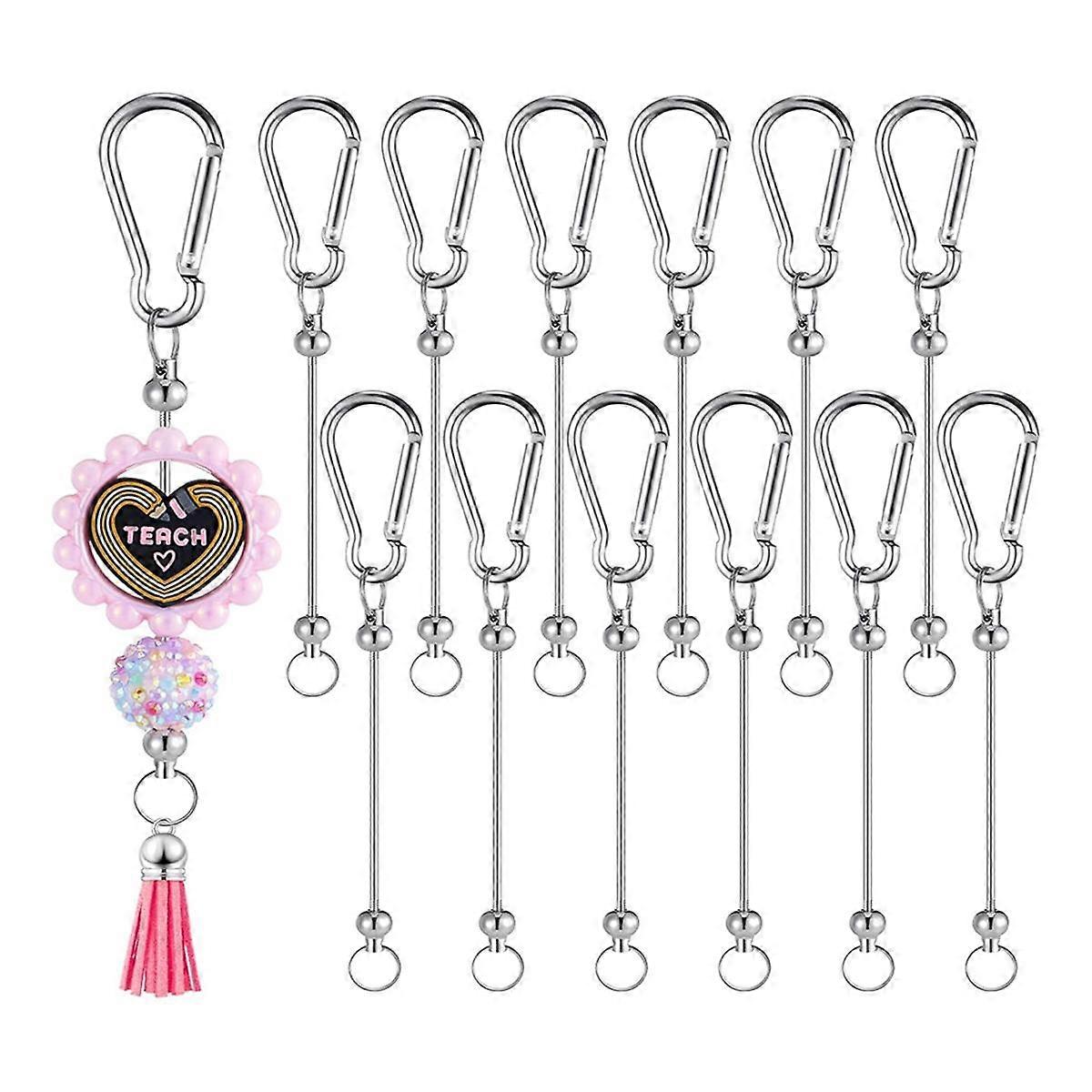 12Pcs Beadable Keychain Bars Silver Bead Keychain Bulk DIY Blank Keychain Bar for Bead Snap Hook Keychain for Making DIY