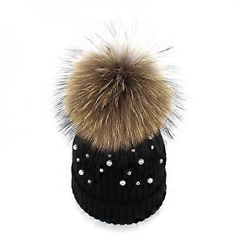 Women Wool Beanies Real Natural Fur Pom Poms Fashion Pearl Knitted Hat Female Beanie Cap Pompom Winter H UGC
