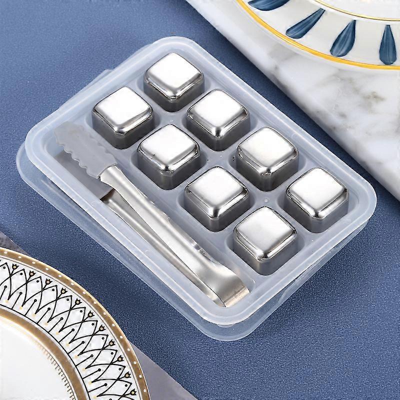 Stainless Steel Ice Cube, Reusable Ice Cube No Dilution Fast Cooling, Whiskey Stones Set 8 Ice Cubes with Clip for Whiskey, Beer, Bo