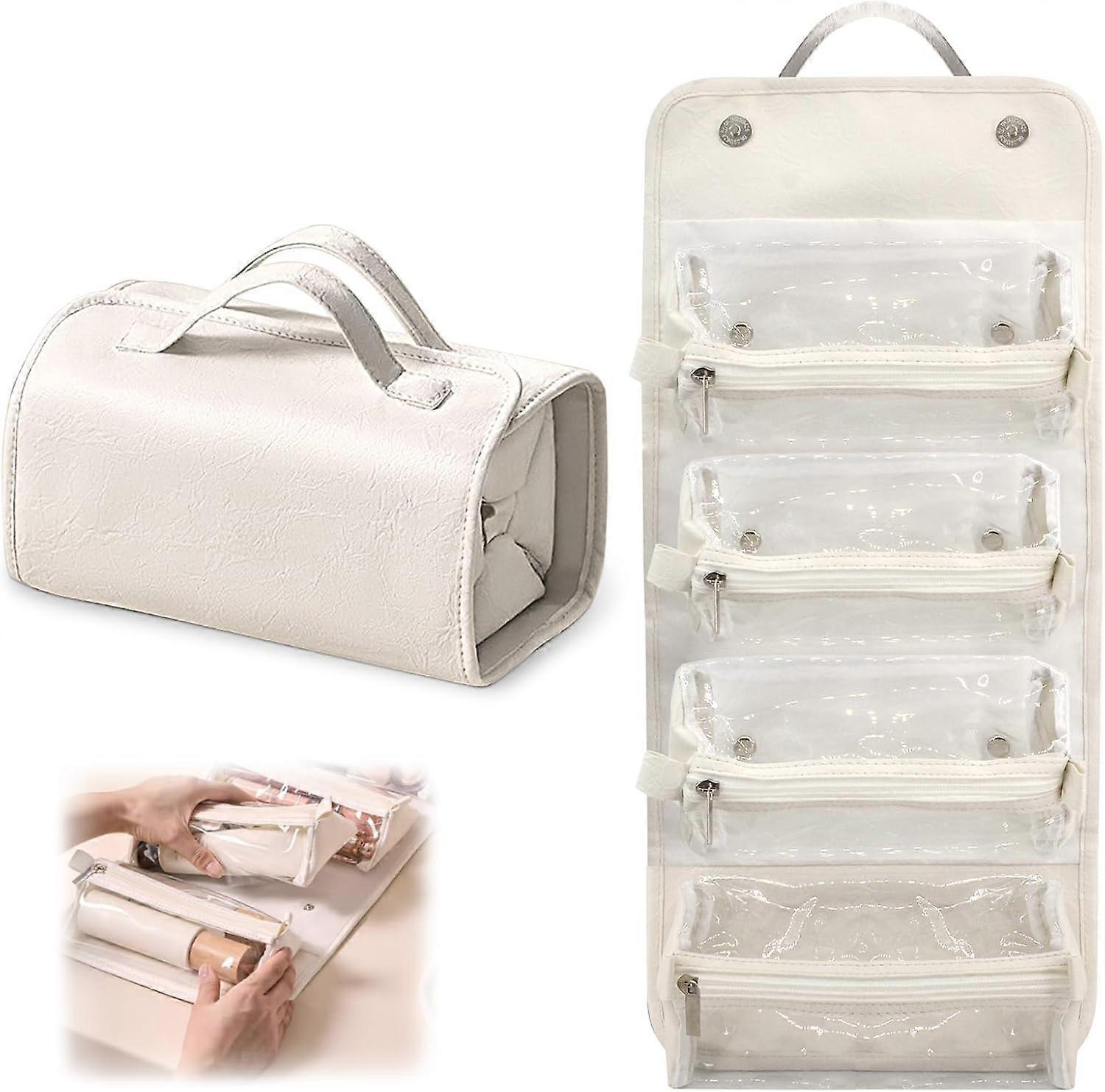 حقيبة مستحضرات التجميل الجلدية القابلة للطي المقاومة للماء Litchi Stria نشمر حقيبة مكياج السفر مع 4 مقصورة شفافة متعددة قابلة للفصل معلقة ذات سعة كبيرة Cosmet