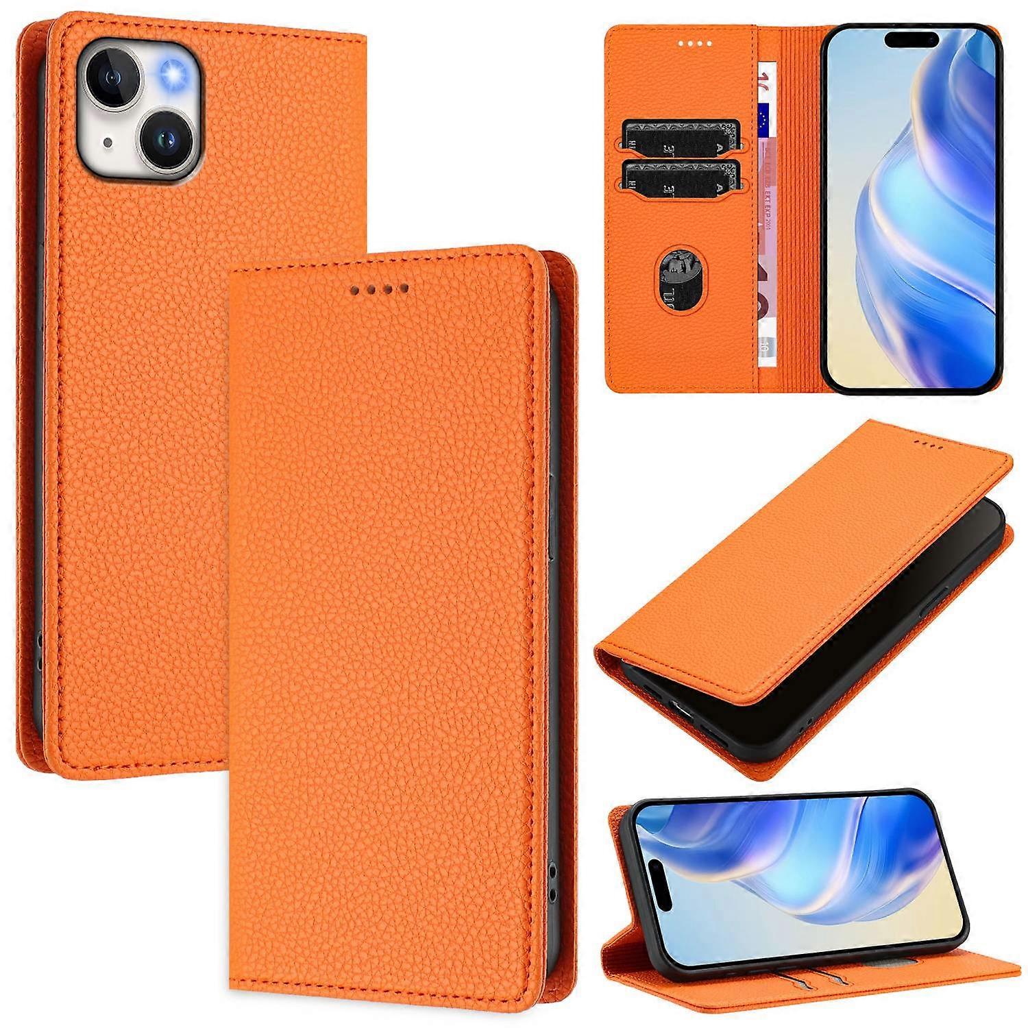 For iPhone 15 Plus Wallet Case RFID Blocking Litchi Texture Leather Mobile Cover - Orange