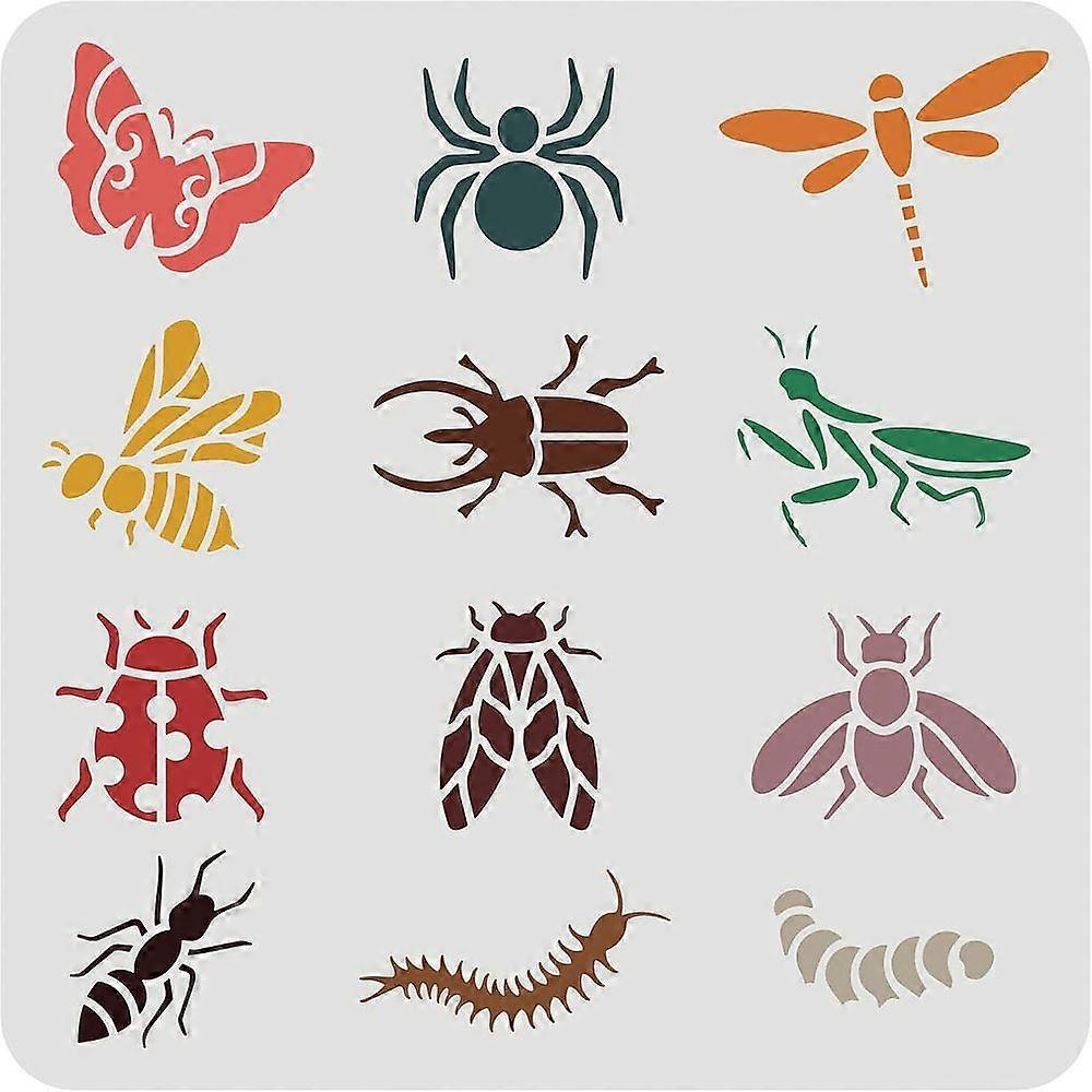 1pc Butterfly Dragonfly Stencil 30x30cm Bee Ant Spider Worm Cockroach 12 Patterns Animal Stencil Reusable Large Stencils for Painting on Wall Art Wood