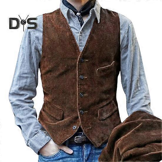 Men Waistcoat V-Neck Sleeveless Single Breasted Vest Coat Solid Color Slim Fit Corduroy Retro Style Waistcoat with Pockets