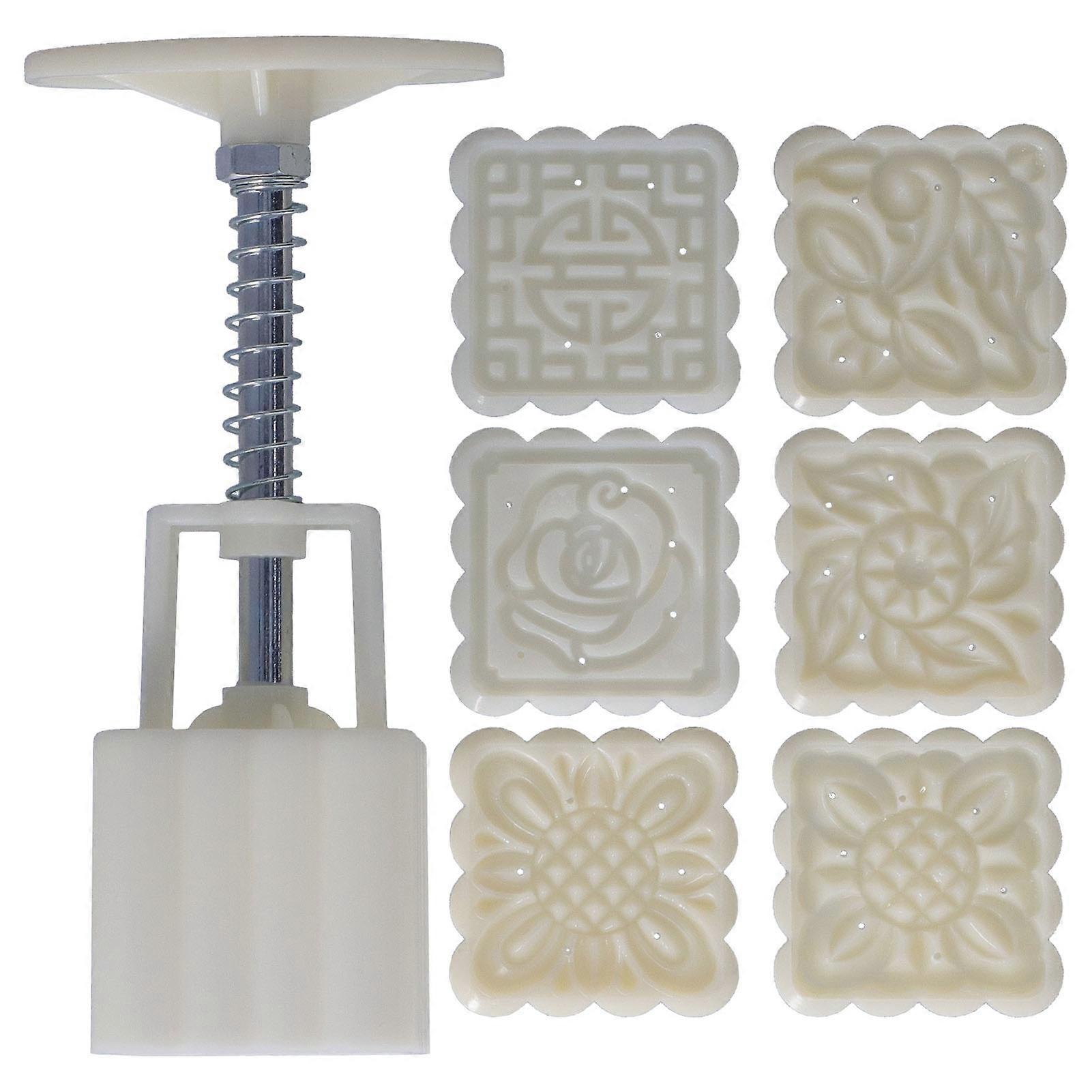 Flower Tree Pattern Mold DIY Hand‑Pressed Square Mold with 6 Stamps for Cake Mooncake Dessert 50g